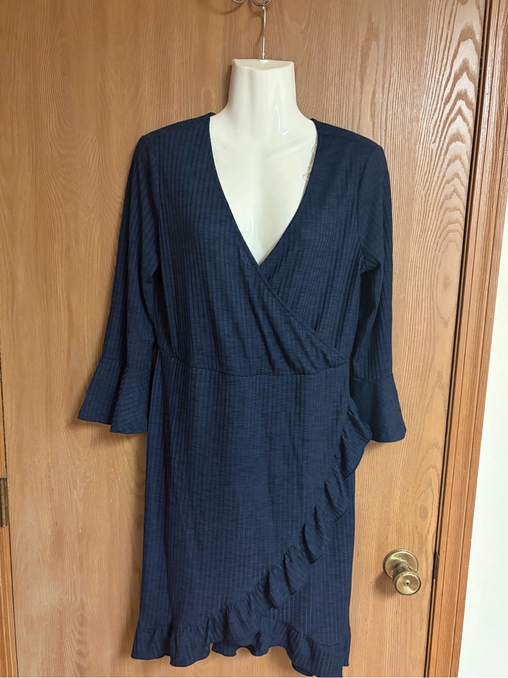 Francesca's Collections Navy Ruffle Faux-Wrap Midi Dress